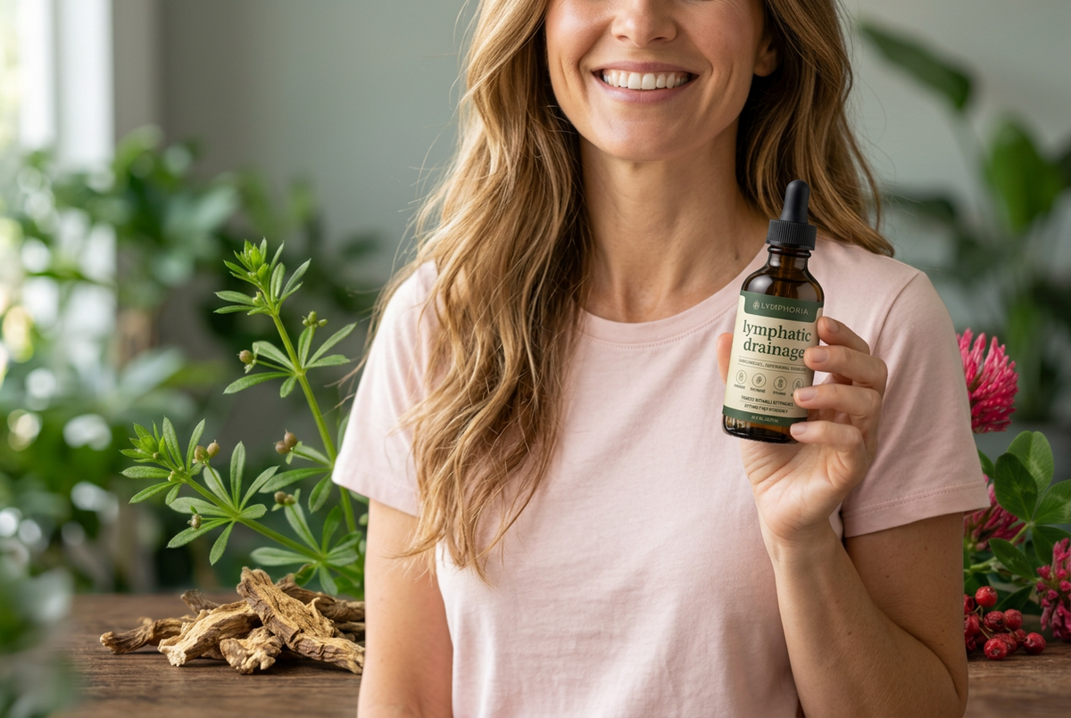 Woman smiling holding a bottle of Lymphoria lymphatic drainage drops