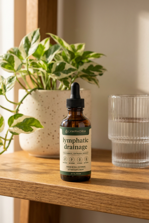 Lymphoria lymphatic drainage drops on a wooden shelf
